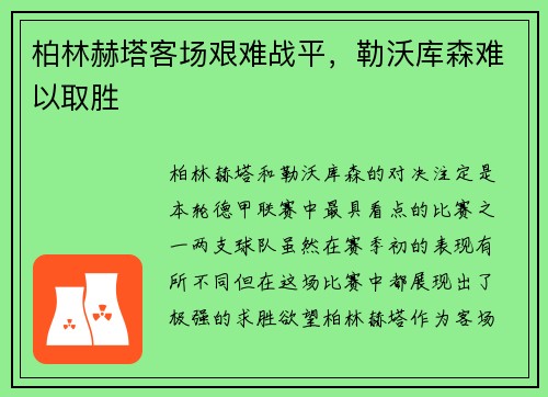 柏林赫塔客场艰难战平，勒沃库森难以取胜